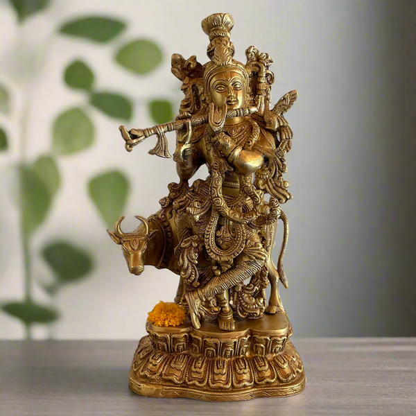 17 Inches Lord Krishna & Cow Brass idol - Krishna Statue for Indian Decor - Crafts N Chisel - Indian Home Decor USA