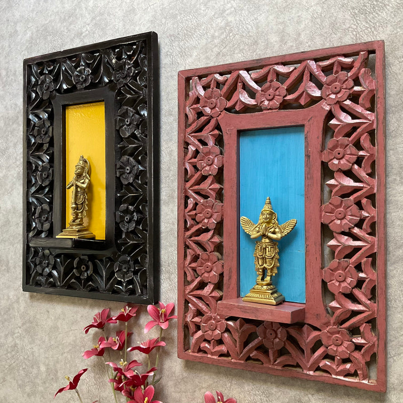 Brass Hanuman ji and Garuda Idol With Distressed Wooded Frame Wall Hanging (Set of 4) - Decorative Wall Decor for Living Room - Crafts N Chisel - Indian Home Decor USA