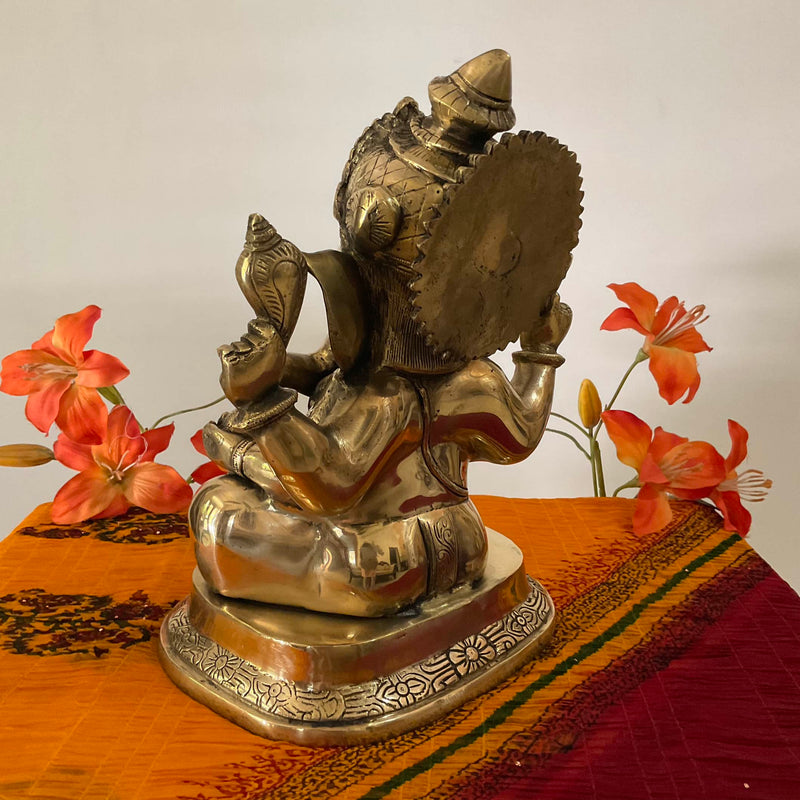 14 Inch Lord Ganesh Brass Idol - Ganpati Decorative Statue for Home Decor - Crafts N Chisel - Indian Home Decor USA