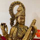 12 Inch Goddess Saraswati Brass Idol, Pooja Statue - Crafts N Chisel - Indian Home Decor USA