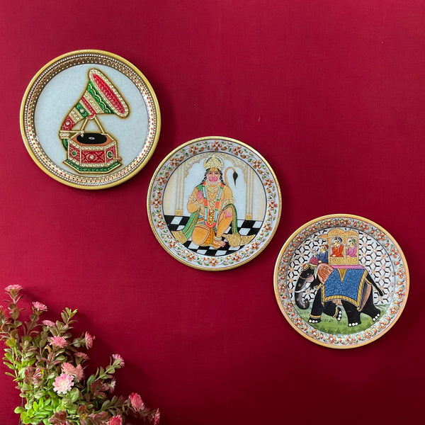 Hanumanji, Elephant And Gramaphone Painting (Set of 3) - Wall Hanging - Decorative Round Marble Plate - Crafts N Chisel - Indian Home Decor USA