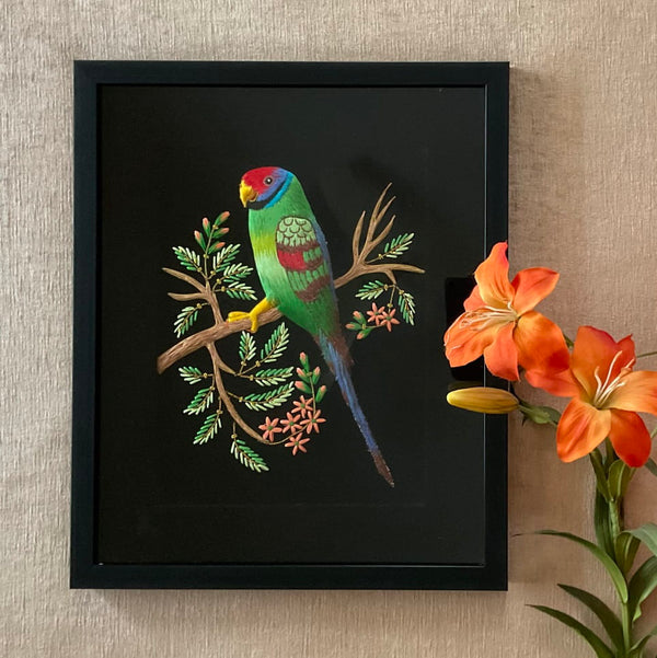 Parrot Zardozi Embroidered Handmade Painting - Handpainted Wall Decor - Crafts N Chisel - Indian Home Decor USA