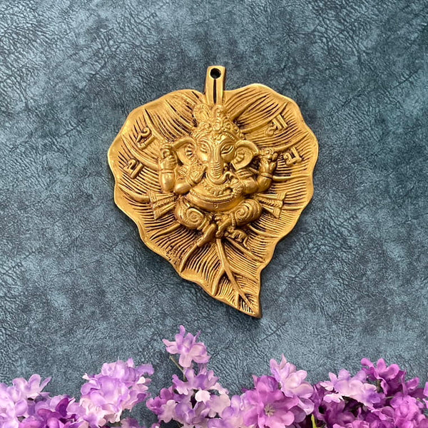 Lord Ganesha With Leaf Brass Wall Hanging - Traditional Home Decor - Crafts N Chisel - Indian Home Decor USA