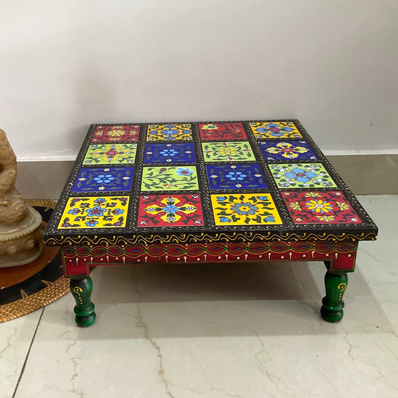 14 Inches Ceramic Tile Wooden Chowki For Idols And Pooja - Crafts N Chisel - Indian Home Decor USA