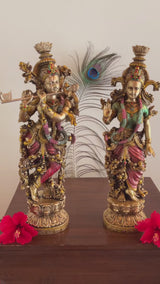 Copper Finish Radha Krishan Marble Dust Resin Idol Hindu God Pooja Statue, Home Decor