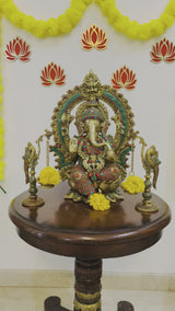 15 Inch Lord Ganesh Brass Idol Stonework And 8 Inch Peacock Hanging Diya Home Pooja Decor (Set of 3)