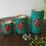 Greenish Blue Stonework Wooden Candle Holder (Set of 3) - Decorative Tea Lights - Festive Decor