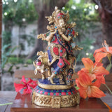 12” Lord Krishna & Cow idol - Brass Turquoise Inlay-Crafts N Chisel-Indian Handicrafts Online USA