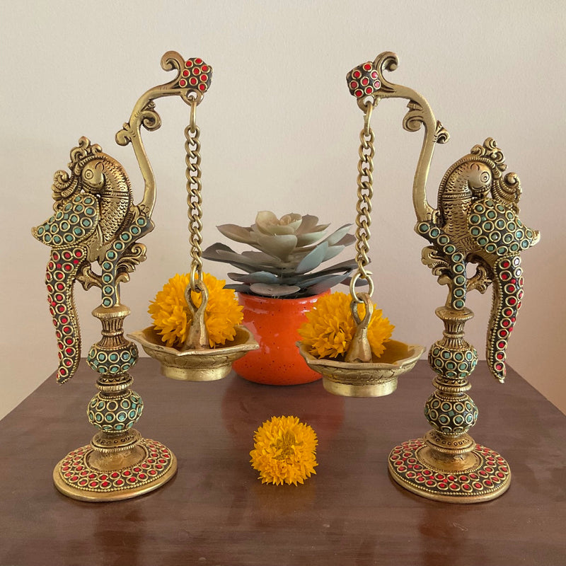 15” Lord Ganesh Brass Idol Stonework & 8.5” Peacock Hanging Diya - handcrafted Ganpati Decorative Statue for Home Decor (Set of 3) - Housewarming Gift - Crafts N Chisel - Indian Home Decor USA