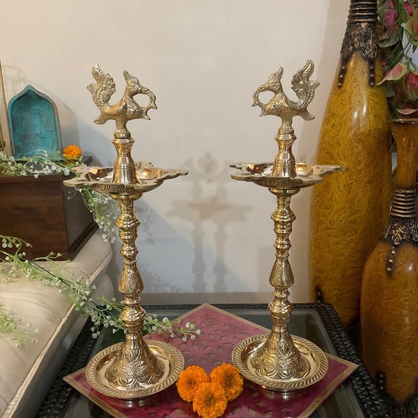 16” Annapakshi Nilavilakku (Set of 2) - Handmade Brass lamp - Decorative Decor - Crafts N Chisel - Indian Home Decor USA