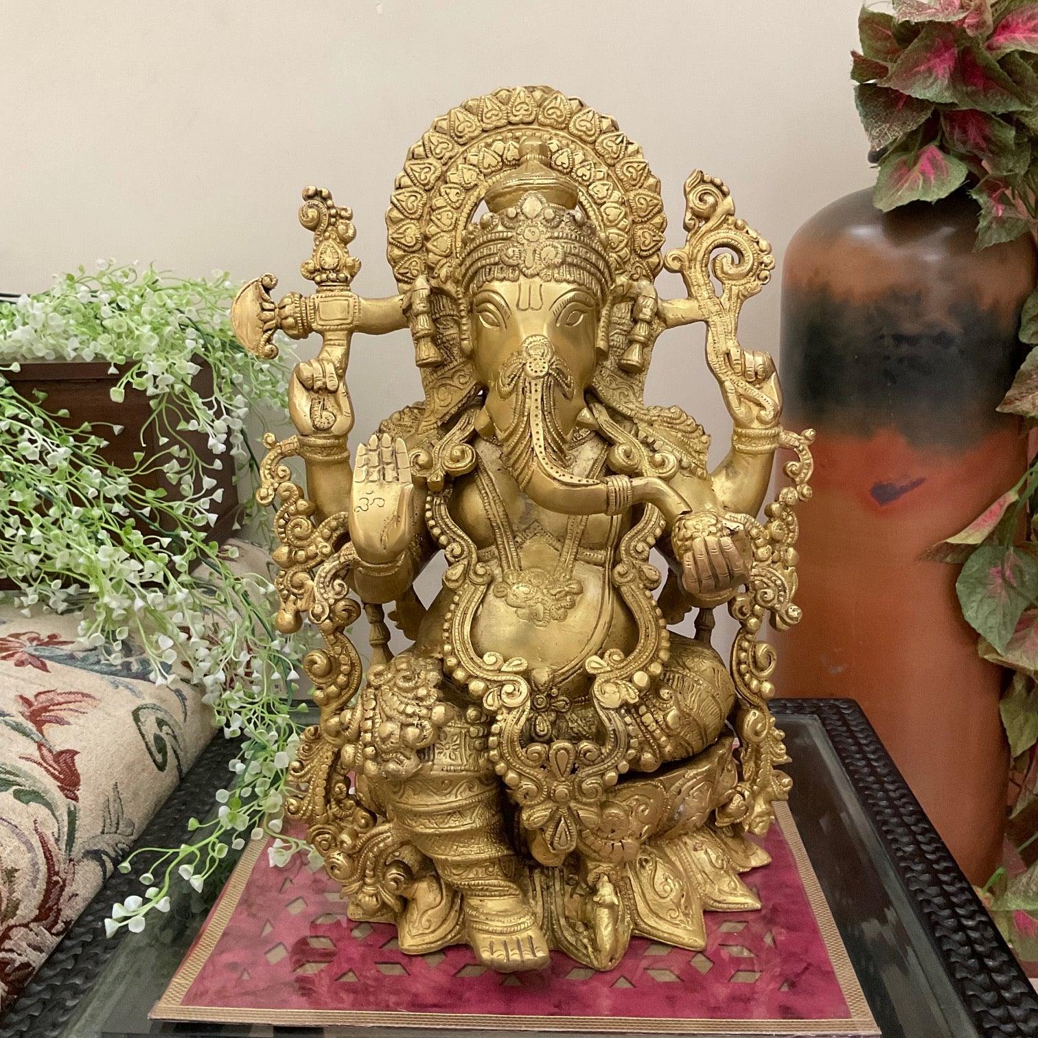 16 Inch Lord Ganpati Brass Idol Large Ganesha Statue for Home Entrance