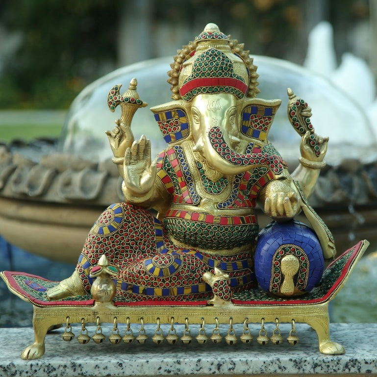 16” Sitting Lord Ganesh Brass Idol - Handcrafted Stonework Inlay - Ganpati Decorative Statue for Home Decor - Crafts N Chisel - Indian Home Decor USA