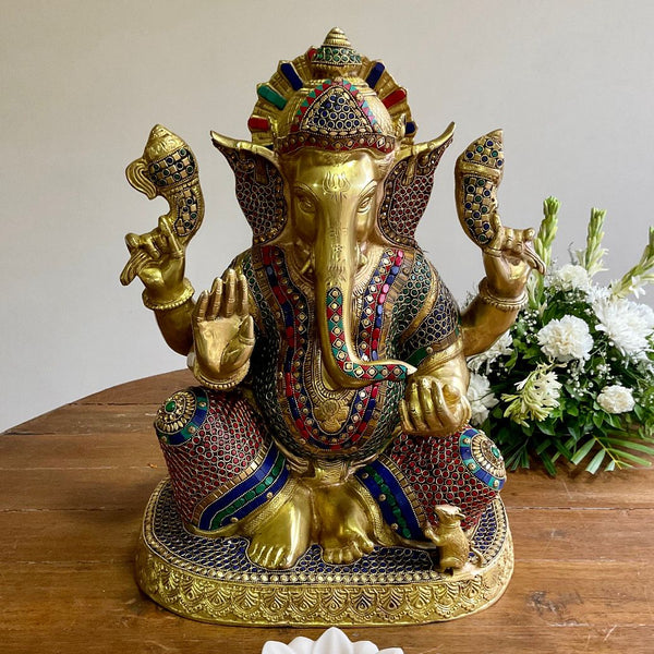 20.5” Lord Ganesh Brass Stonework Idol - Ganpati Decorative Statue for Home Decor - Crafts N Chisel - Indian Home Decor USA