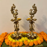 20” Handmade Standing Brass Diya Lamp (Set of 2) - Antique finish - Crafts N Chisel - Indian Home Decor USA