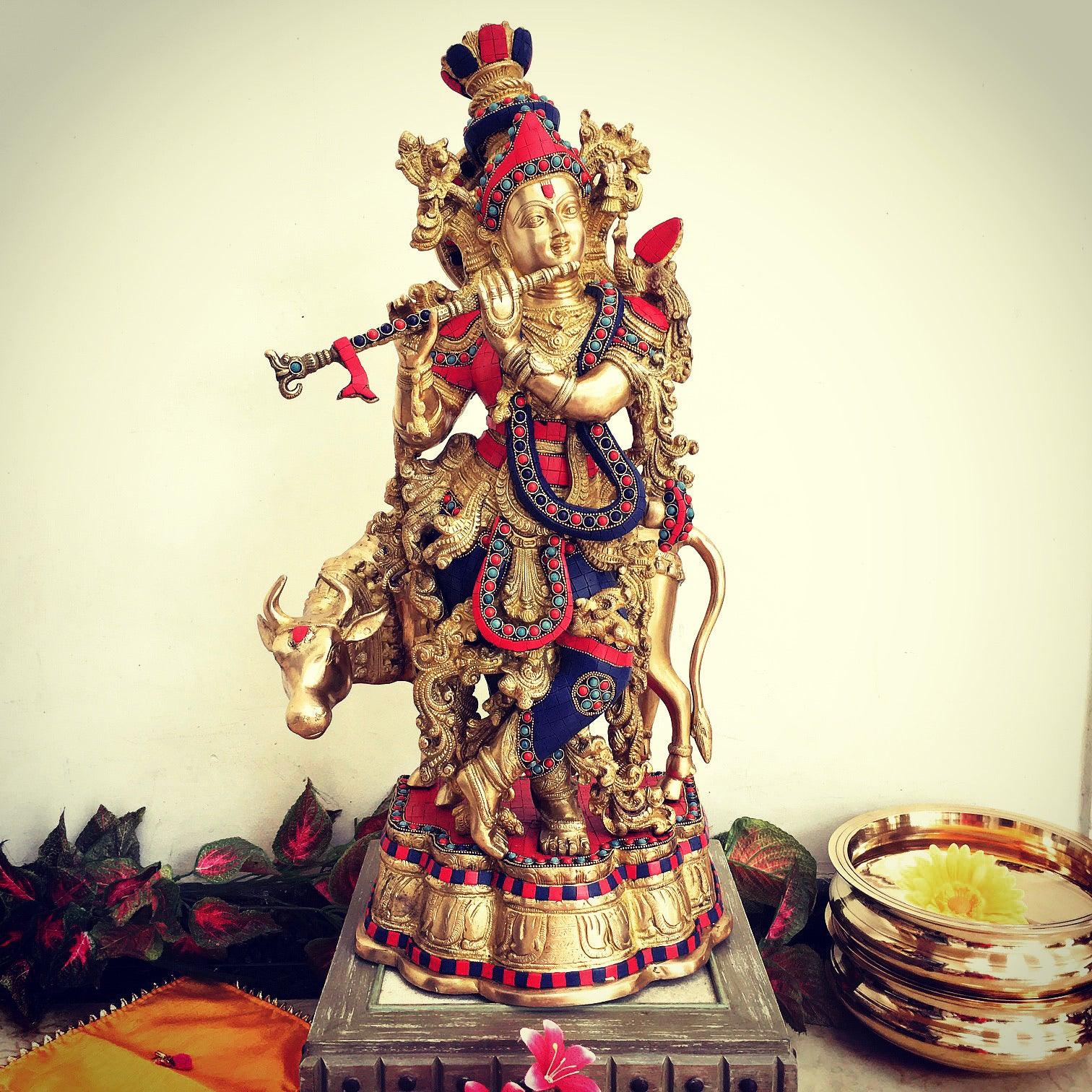 Brass Krishna Idol Statue Large | Indian Home Decor | Crafts N Chisel