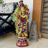 30 inches Lord Krishna Idol Brass Stonework - Krishna Statue Decorative Figurine - Crafts N Chisel - Indian Home Decor USA