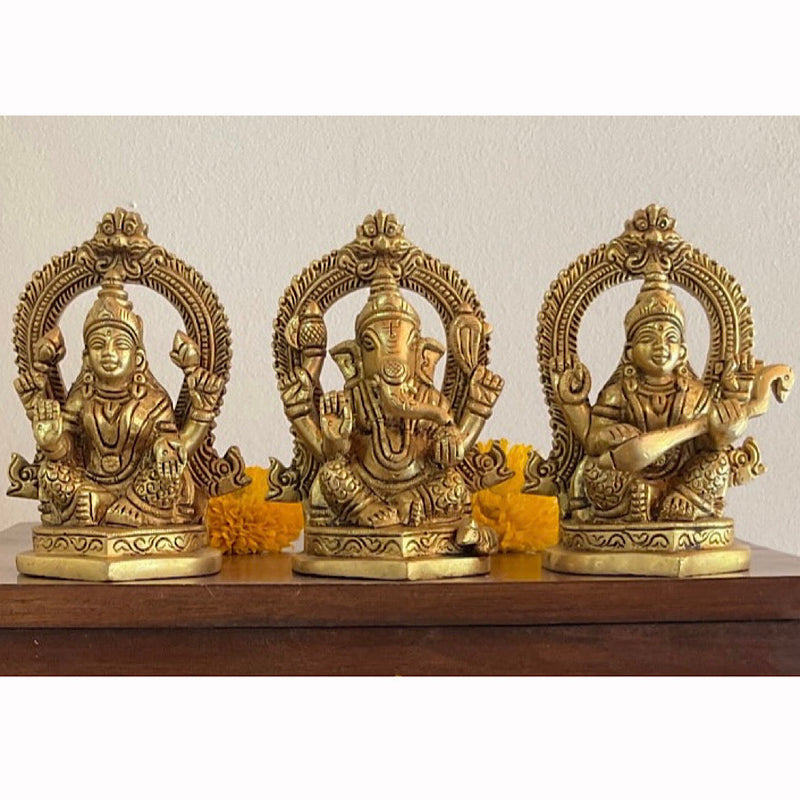 4.4” Lakshmi Ganesh Saraswati Brass Idol - Decorative Home Decor - Crafts N Chisel - Indian Home Decor USA