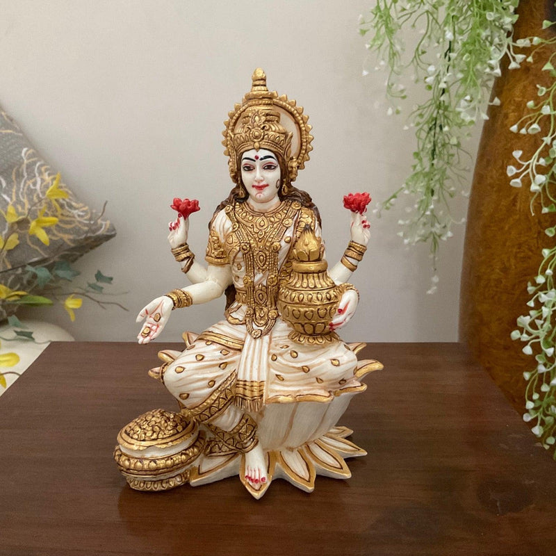 7” Goddess Lakshmi Marble Dust & Resin Idol - Decorative Figurine- Crafts N Chisel - Indian Home Decor USA