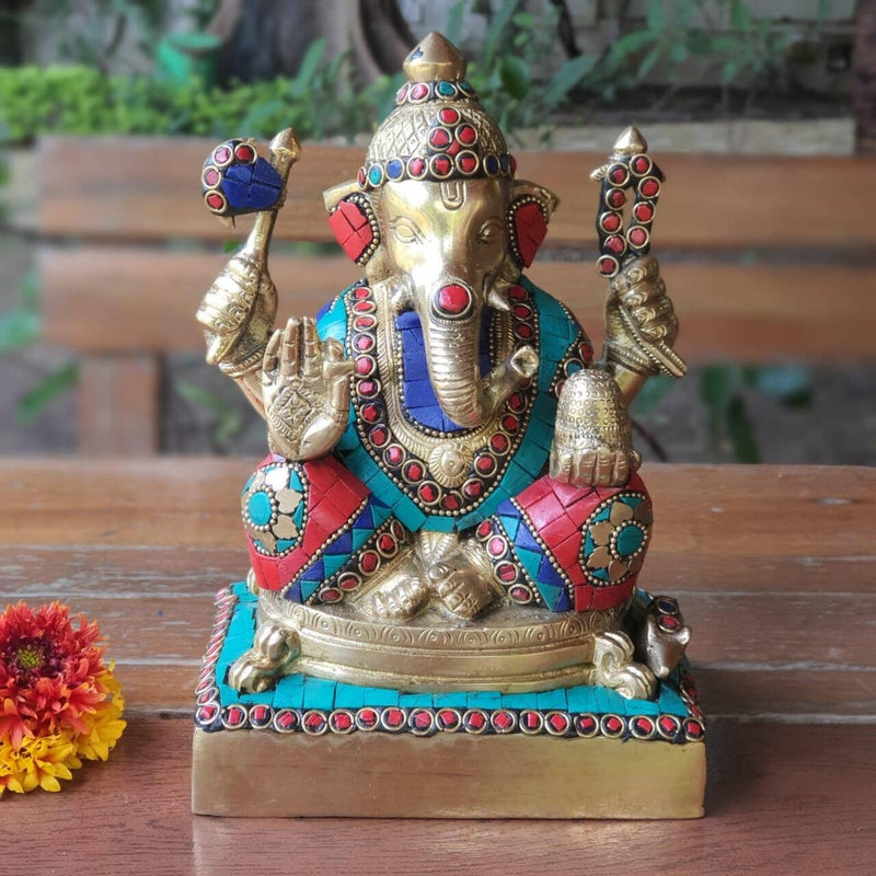 8" Lord Ganesh Brass Idol - handcrafted turquoise Inlay - Decorative Statue - Crafts N Chisel - Indian home decor - Online USA