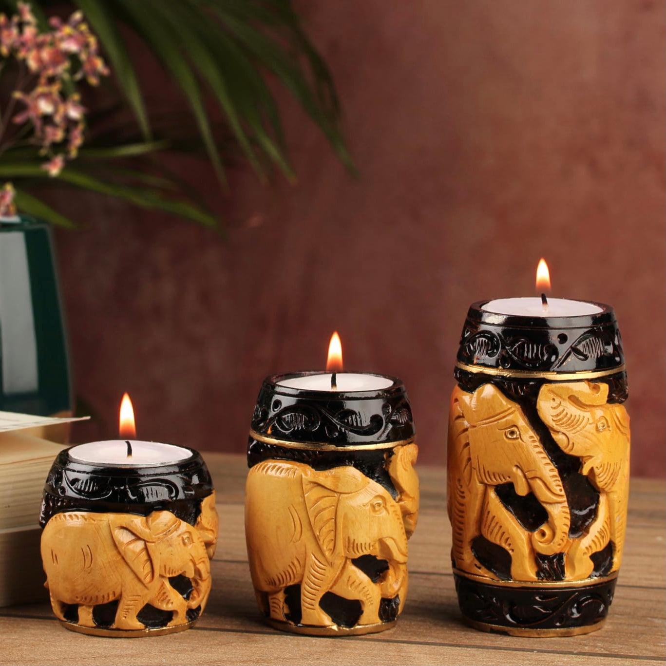 Elephant Wooden Candle Holder (Set of 3) - Decorative Tea Lights - Festive  Decor