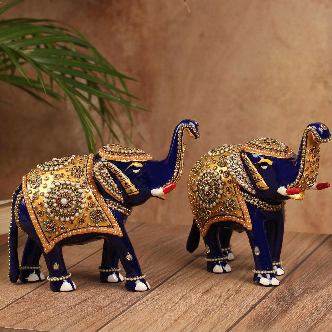 Handcrafted Decorative Metallic Elephant (Set of 2) - Meenakari Stonework -  Animal Decor