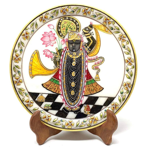 Handcrafted Gold Leaf Marble Round Plate - Decorative - Lord Shrinathji - Crafts N Chisel - Indian home decor - Online USA