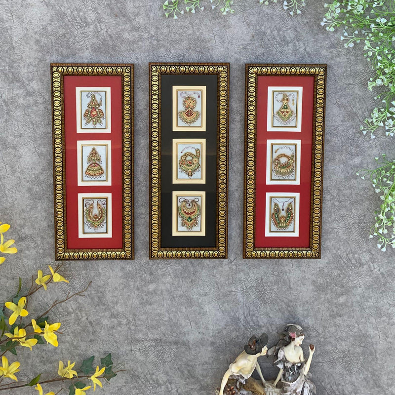 Handcrafted Jewelry Painting (Set of 3) - Wall Decor - 22K Gold Leaf Meenakari Marble Art - Crafts N Chisel - Indian Home Decor USA