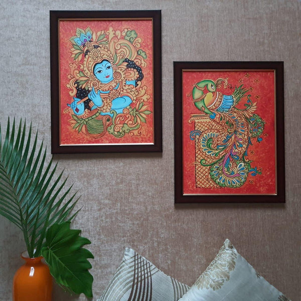 Krishna & Parrot Kerala Mural (Set of 2) - Handpainted Wall Decor - Crafts N Chisel - indian home decor usa 