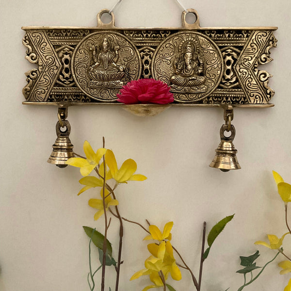Lakshmi Ganesh Diya & Bell - Brass Wall Hanging - Decorative - Crafts N Chisel - Indian Home Decor USA