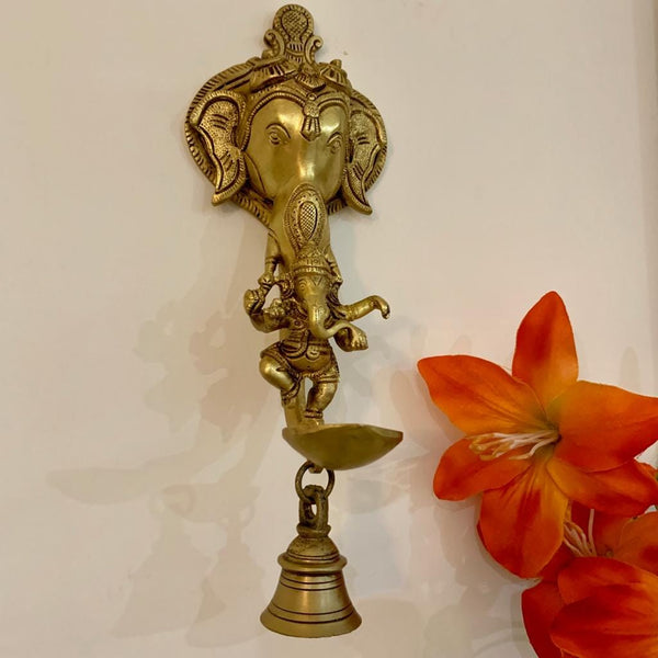 Lord Ganesh Diya and bell - Brass Art - Wall Hanging - Decorative and Religious - Crafts N Chisel - Indian home decor - Online USA