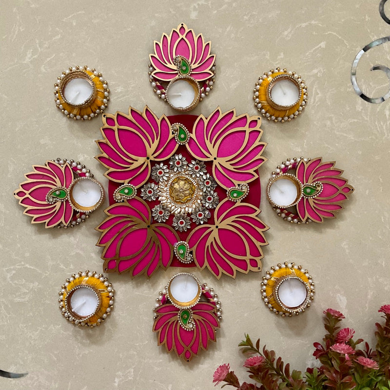Lotus & Tea light Decorative Rangoli - Festive Diwali Decor - Crafts N Chisel - Indian Home Decor USA