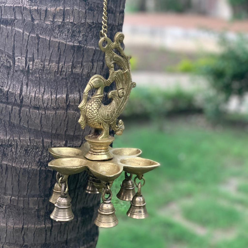 Peacock Hanging Diya Bell - Brass Wall Hanging - Decorative and Religious - Crafts N Chisel - Indian home decor - Online USA