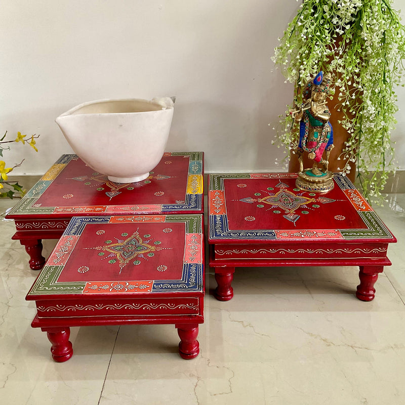 Red Design Square Wooden Chowki For Idols And Pooja (Set of 3) - Crafts N Chisel - Indian Home Decor USA