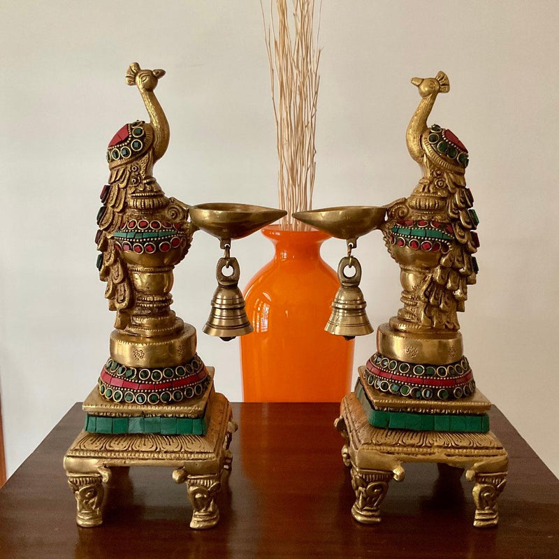 Sitting Peacock Diya & Bell (Set of 2) - Handmade Brass Stonework lamp - Decorative - Crafts N Chisel - Indian Home Decor USA