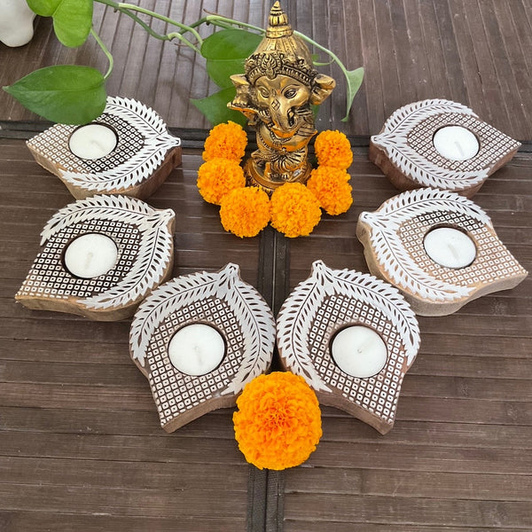 Small Leaf Wooden Diya (Set of 6) - Tea light Holder - Diwali Decor & Gifts - Crafts N Chisel - Indian Home Decor USA