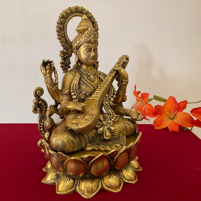 12 Inch Goddess Saraswati Brass Idol, Pooja Statue - Crafts N Chisel - Indian Home Decor USA