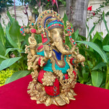 16 Inches Lord Ganesh Brass Idol Stonework - handcrafted Ganpati Decorative Statue for Home Decor - Housewarming Gift - Crafts N Chisel - Indian Home Decor USA