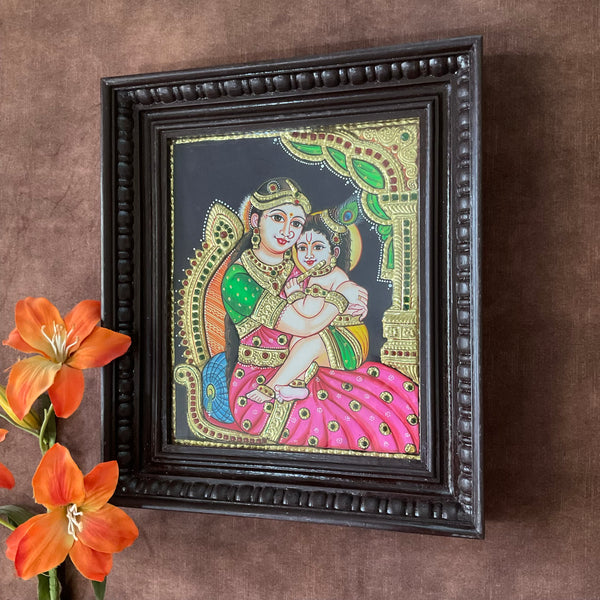 Baby Krishna Yashoda Ma Tanjore Painting - Traditional Wall Art - Crafts N Chisel - Indian Home Decor USA