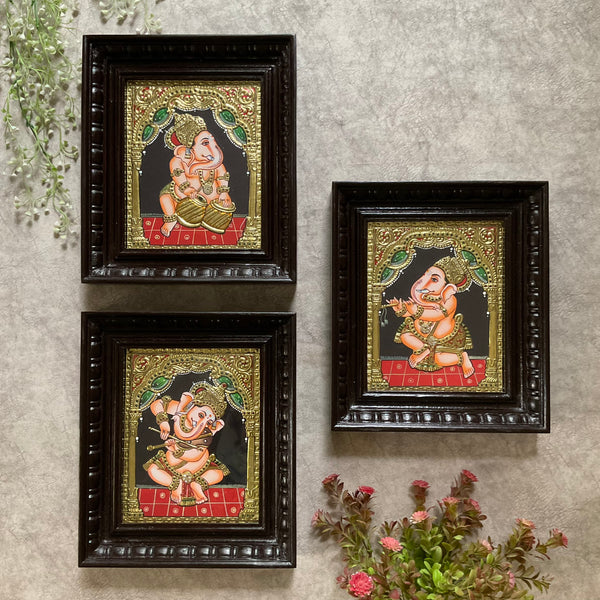 Lord Ganesha Tanjore Painting (Set of 3) - Traditional Wall Art - Crafts N Chisel - Indian Home Decor USA