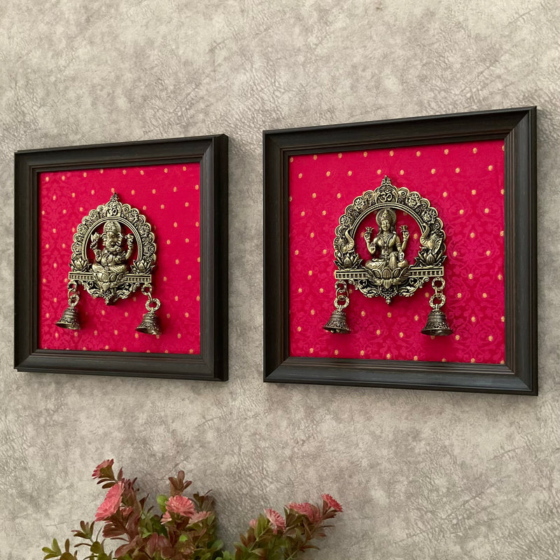 Lakshmi Ganesh Framed Wall Hanging - Crafts N Chisel - Indian Home Decor USA