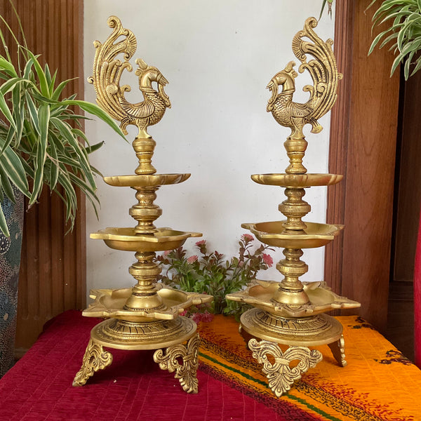 20 Inch Annapakshi Brass Diya Lamp (Set of 2) For Pooja Room Decor - Crafts N Chisel - Indian Home Decor USA