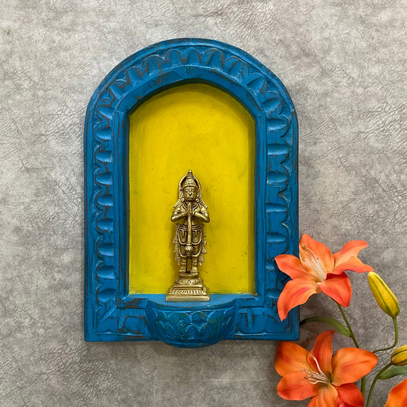 Distressed Wooden Blue Half Round Frame With Hanumanji Brass Idol Wall Hanging (Set of 2) - Decorative Wall decor - Crafts N Chisel - Indian Home Decor USA