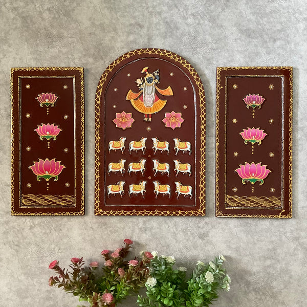 Shrinathji Jharoka Lotus Pichwai Wall Hanging (Set of 3) - Crafts N Chisel - Indian Home Decor USA