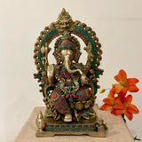 17.5 Inches Lord Ganesh Brass Idol Stonework - handcrafted Ganpati Decorative Statue for Home Decor - Housewarming Gift - Crafts N Chisel - Indian Home Decor USA