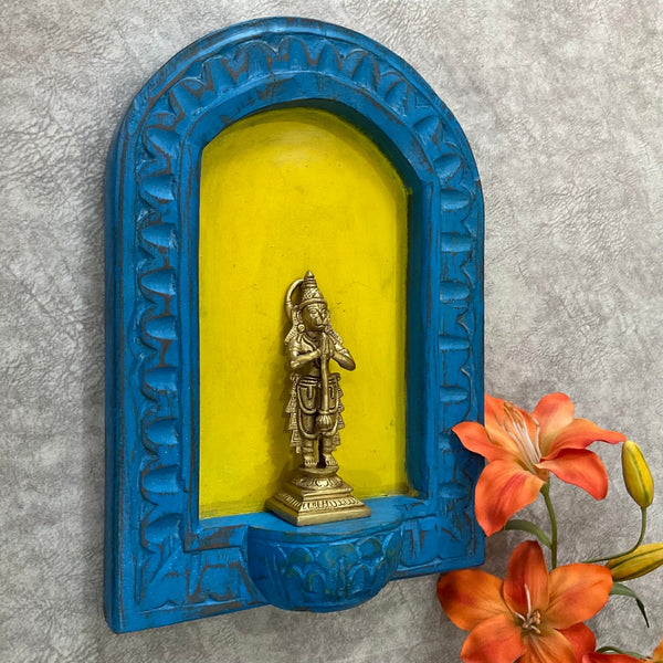 Distressed Wooden Blue Half Round Frame With Hanumanji Brass Idol Wall Hanging (Set of 2) - Decorative Wall decor - Crafts N Chisel - Indian Home Decor USA