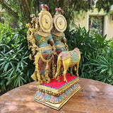 28 Inch Radha Krishna With Cow Brass Stonework Statue Idol - Crafts N Chisel - Indian Home Decor USA