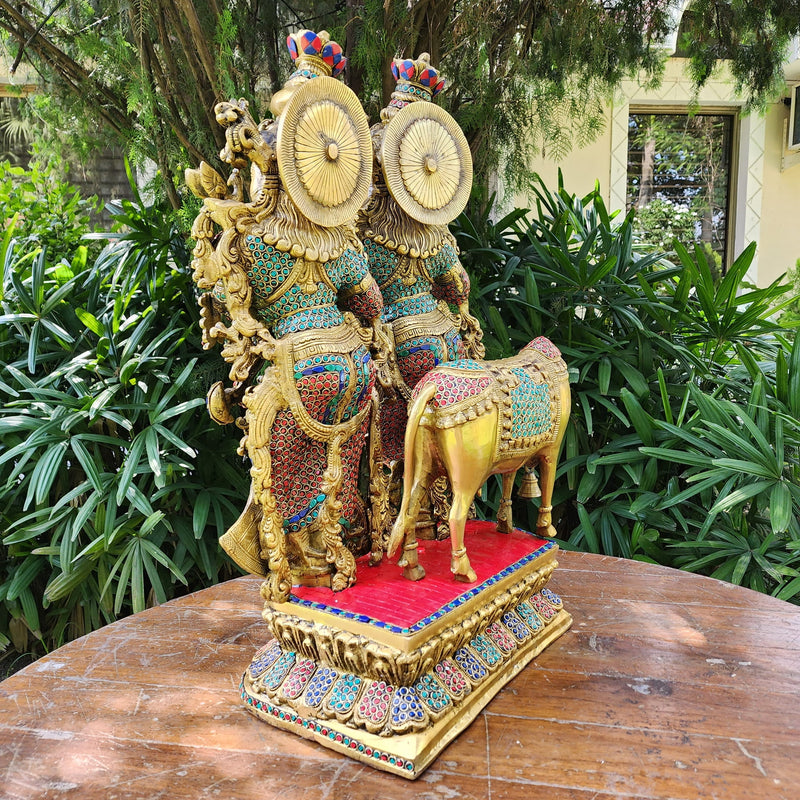 28 Inch Radha Krishna With Cow Brass Stonework Statue Idol - Crafts N Chisel - Indian Home Decor USA