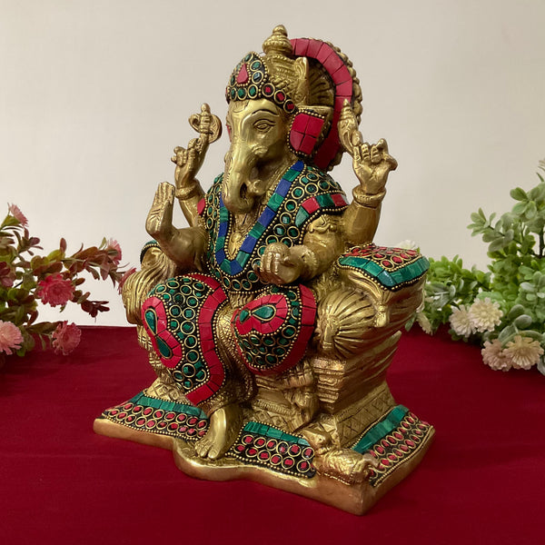 9 Inches Lord Ganesh Brass Idol - handcrafted turquoise Inlay - Decorative Figurine - Crafts N Chisel - Indian Home Decor USA