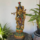20 Inches Lord Krishna Statue, Brass Stonework Idol for Pooja, Home Entrance - Crafts N Chisel - Indian Home Decor USA