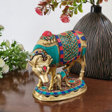 8 Inches Cow and Calf Handmade Brass Statue With Stonework - Decorative Figurine - Crafts N Chisel - Indian Home Decor USA